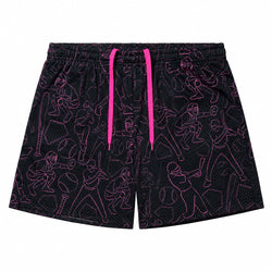 Black athletic shorts with a pink baseball-themed line-art pattern and bright pink drawstrings, shown flat on a white background.