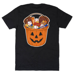 A black short-sleeve t-shirt with a graphic of a jack-o'-lantern bucket filled with Halloween treats like candy, baseballs, and baseball gloves, shown on a plain white background.