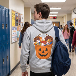 A person walking down a school hallway seen from behind, wearing a light gray hoodie with a large graphic of a jack-o'-lantern bucket filled with candy on the back, and carrying a dark blue backpack.