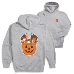 A heather gray hoodie shown from both the front and back. The back features a large graphic of a jack-o'-lantern bucket filled with candy and baseball gloves.