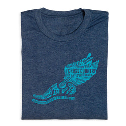 Folded navy blue t-shirt with teal cross country design on a white background