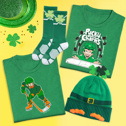 St. Patrick's Day hockey apparel collection featuring green graphic tees, crew socks, and knit beanie hat.