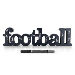 Black 'Football' wood sign with autographs and a silver marker on a white background