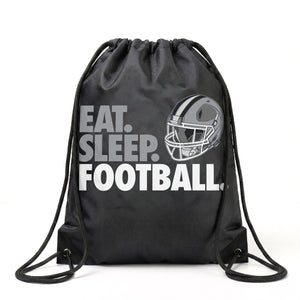 Black drawstring bag with 'Eat. Sleep. Football.' text and football helmet graphic on a white background