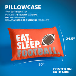 Red pillowcase with 'Eat. Sleep. Football.' text and football graphic on a blue background