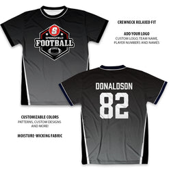 Black sports tee with 'Springfield Football' logo and customizable features on a white background