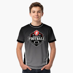 Person wearing a black and gray sports tee with 'Springfield Football' logo on a white background