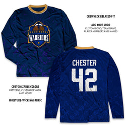 Blue long-sleeve shirt with 'Washington Warriors' logo and 'Chester 42' on a white background
