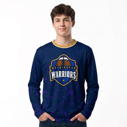 Person wearing a blue long-sleeve shirt with 'Washington Warriors' logo on a white background