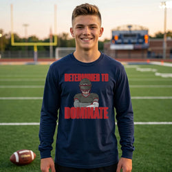 Person wearing a navy blue long-sleeve shirt with a hockey graphic and text on a football field.