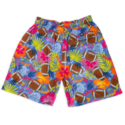 Colorful swim shorts with football and floral pattern on a white background