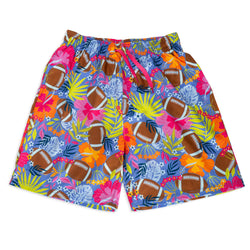 Colorful swim shorts with football and floral pattern on a white background