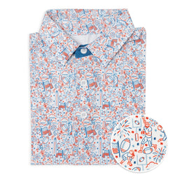 Folded polo shirt with football-themed pattern on a white background