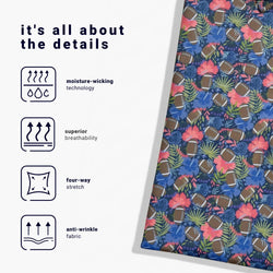 Tropical football patterned fabric with moisture-wicking technology icons on a white background