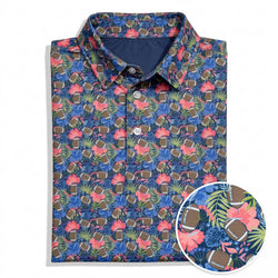 Colorful patterned polo shirt with football and floral design on a white background