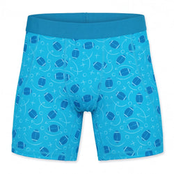 Blue spandex shorts with geometric football pattern on a white background