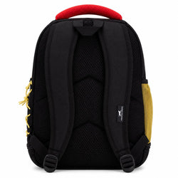 The back view of a black mesh backpack with a bright red top handle, yellow side accents, and a small black brand patch on the side, set against a plain white background.