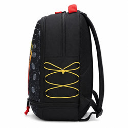 A black backpack with a patterned side panel, yellow elastic cord details, and red zipper pulls, shown from a three-quarter angle on a white background.