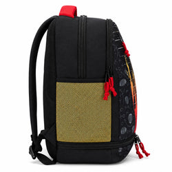 A black backpack with a large gold mesh front pocket, red zipper pulls, and a guitar-patterned side panel, shown on a white background.