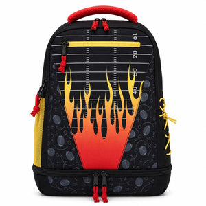 A black and red football-themed backpack with a yellow and orange flame design on the front, featuring a football field line pattern and red zippers.