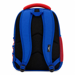 The back view of a backpack featuring a bright blue mesh back panel, black padded shoulder straps, a red top handle, and red side pockets, shown on a white background.