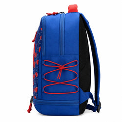 A blue backpack with red accents, featuring a patterned side pocket, red lacing detail on the front, and a red top handle, shown against a plain white background.