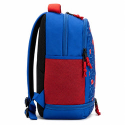 A blue and red backpack with a patterned side panel, shown from the back against a white background.