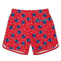 Red shorts with football and game plan pattern on a white background