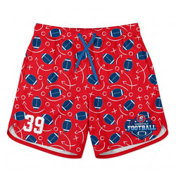 Red shorts with football pattern on a white background