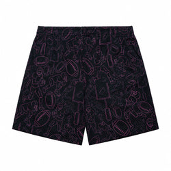 Black shorts with a pink line-art football-themed all-over print, shown flat against a white background.