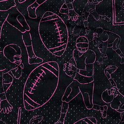 Black fabric with a repeating pattern of pink line-art illustrations of football players and footballs.