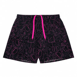 Black shorts with a pink outline pattern of footballs, players, and equipment, featuring a bright pink drawstring waist.