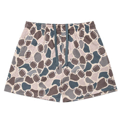 A pair of shorts featuring an abstract organic stone pattern in shades of brown, gray, and slate blue on a light beige background. The shorts have an elastic waistband and a matching slate blue drawstring.