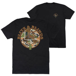 Black short-sleeve t-shirt shown from the back and front. The back features a large circular graphic with the text 'BLITZ & BLINDS' in tan around a central illustration of a duck and camouflage elements.