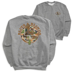 Two heather gray crewneck sweatshirts shown on a white background, with the front and back views overlapping. The back features a large circular graphic with a duck, football, camouflage backdrop, and the words 'BLITZ & BLINDS'.