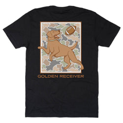 A black short-sleeve t-shirt with a large graphic on the back featuring a golden retriever jumping to catch a football over a camouflage pattern background, with the text 'GOLDEN RECEIVER' printed below.