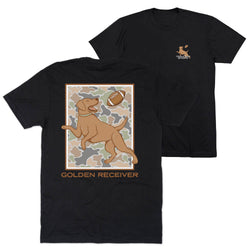 Black short-sleeve t-shirt shown from the back and front. The back features a large graphic of a golden retriever catching a football over a camouflage pattern background, with the text 'GOLDEN RECEIVER' below.