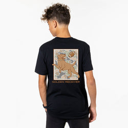 A person shown from the back wearing a black t-shirt with a large graphic print of a golden retriever dog catching a football over a camouflage background, with the text 'GOLDEN RECEIVER' below.