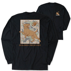Black long-sleeve t-shirt shown from the back and side, featuring a graphic of a golden retriever playing with a football over a camouflage background, with the text 'GOLDEN RECEIVER' below.