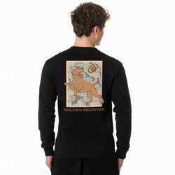 A man viewed from the back wearing a black long-sleeve shirt with a large graphic on the back. The graphic shows a golden retriever running with a football over a camouflage pattern, with the text 'GOLDEN RECEIVER' below.