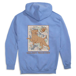 A light blue hoodie shown from the back, featuring a graphic of a golden retriever running over a camouflage pattern next to a football, with the text 'GOLDEN RECEIVER' printed below.