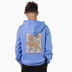 A child viewed from behind wearing a light blue hoodie with a large graphic on the back showing a golden retriever football player and the text 'GOLDEN RECEIVER'.