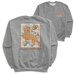 Two heather gray crewneck sweatshirts shown on a white background, with the front view featuring a large graphic of a golden retriever catching a football over a camouflage pattern, and the back view showing a small orange logo on the left chest.