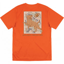 An orange short-sleeve t-shirt shown flat against a white background, featuring a large graphic on the back with a golden retriever catching a football over a camouflage pattern, and the text 'GOLDEN RECEIVER' underneath.