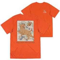 An orange short-sleeve t-shirt shown from both the front and back. The front features a small tan logo on the left chest, and the back features a large graphic of a golden retriever jumping to catch a football over a camouflage background, with the text 'GOLDEN RECEIVER' printed below.