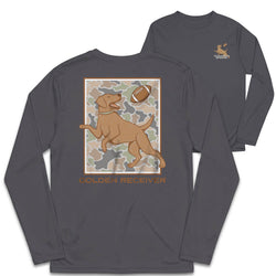 A dark gray long-sleeve t-shirt shown from both the front and back. The back features a large graphic of a golden retriever dog jumping to catch a football over a camouflage pattern background, with the text 'GOLDEN RECEIVER' underneath.