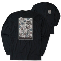 A black long-sleeve t-shirt shown from both the front and back. The back features a large rectangular graphic print with a football player illustration and the text 'OPEN SEASON'.