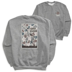 A heather gray crewneck sweatshirt shown from both the front and back. The back features a large graphic print with two football players and the text 'OPEN SEASON'.