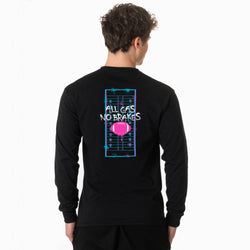 A man viewed from the back wearing a black long-sleeve shirt with a colorful graphic on the back. The graphic features a neon-style football illustration with the text 'ALL GAS NO BRAKES' in white.