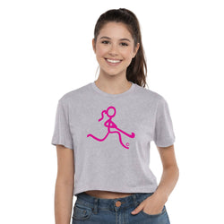 Woman wearing a gray t-shirt with a pink field hockey graphic design on a white background